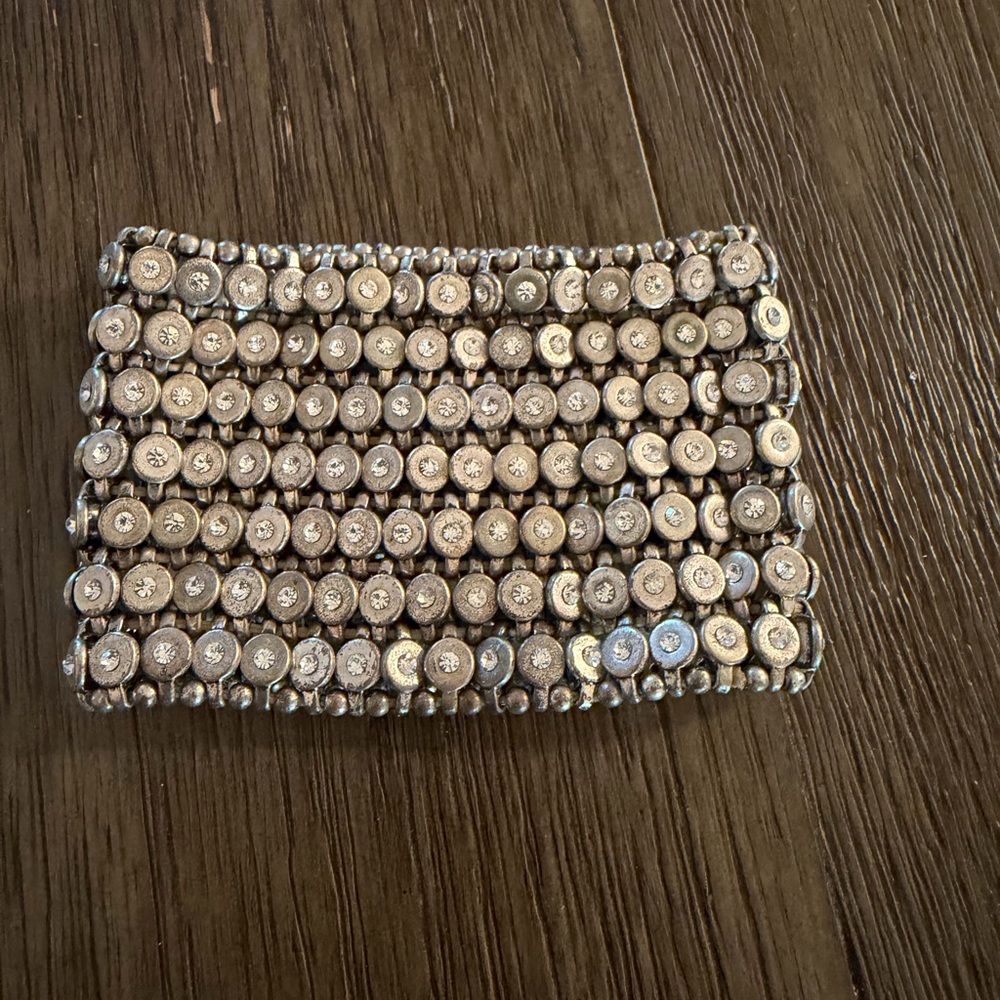 JRA Silver Tone Rhinestone‎ Wide Stretch Cuff Bracelet Statement Jewelry